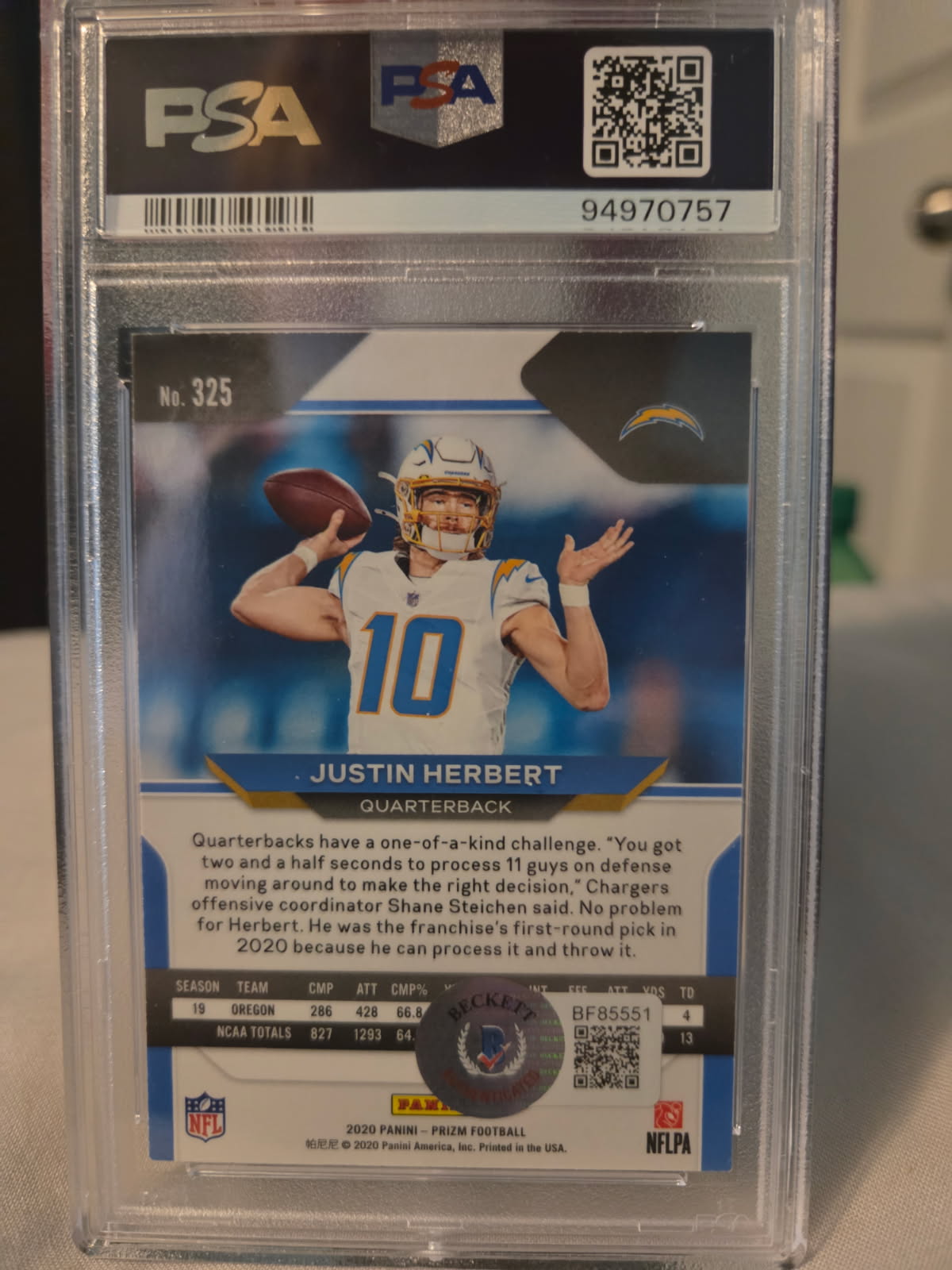 Justin Herbert 2020 Panini Prizm ON CARD AUTOGRAPH in Blue Ink
