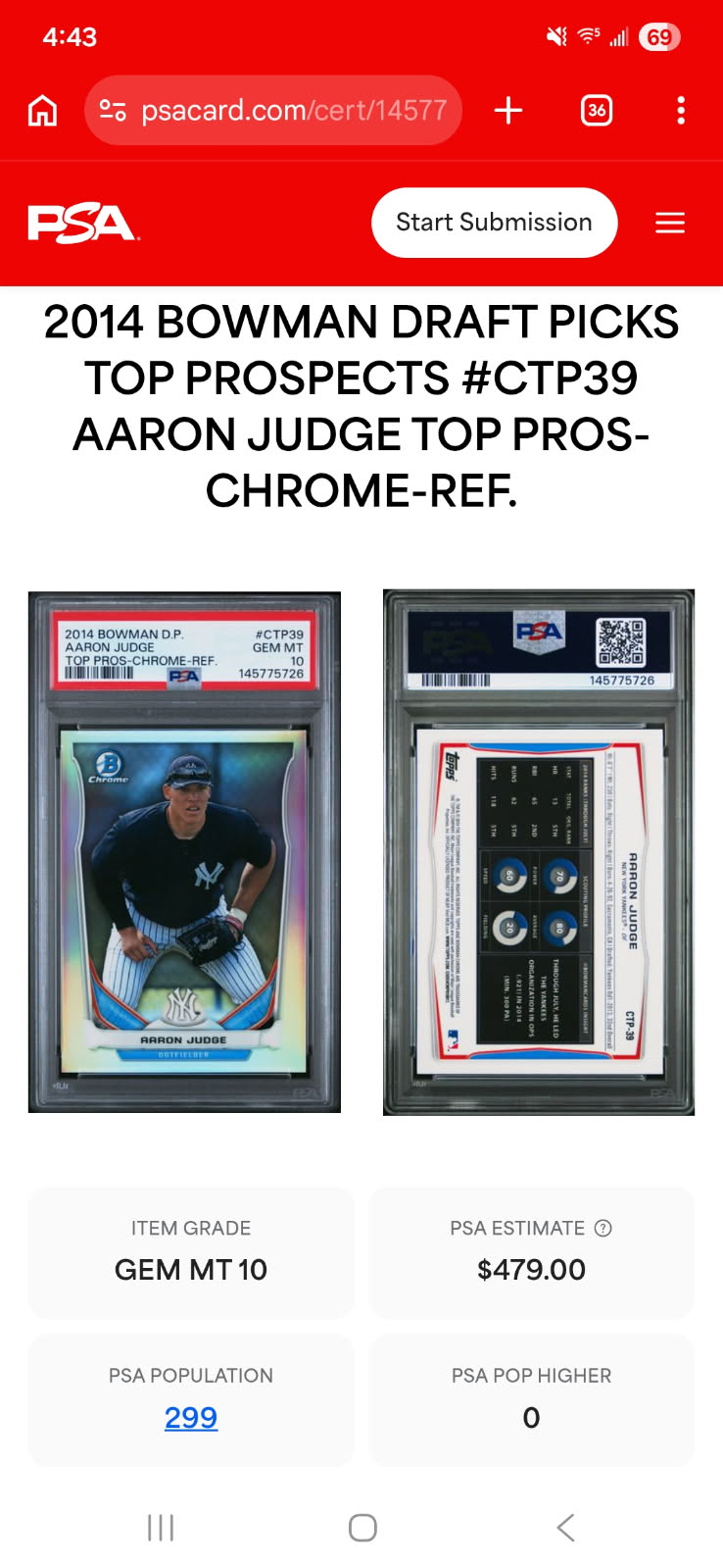 Aaron Judge 2014 Bowman D.P. Top Pros-Chrome-Ref.