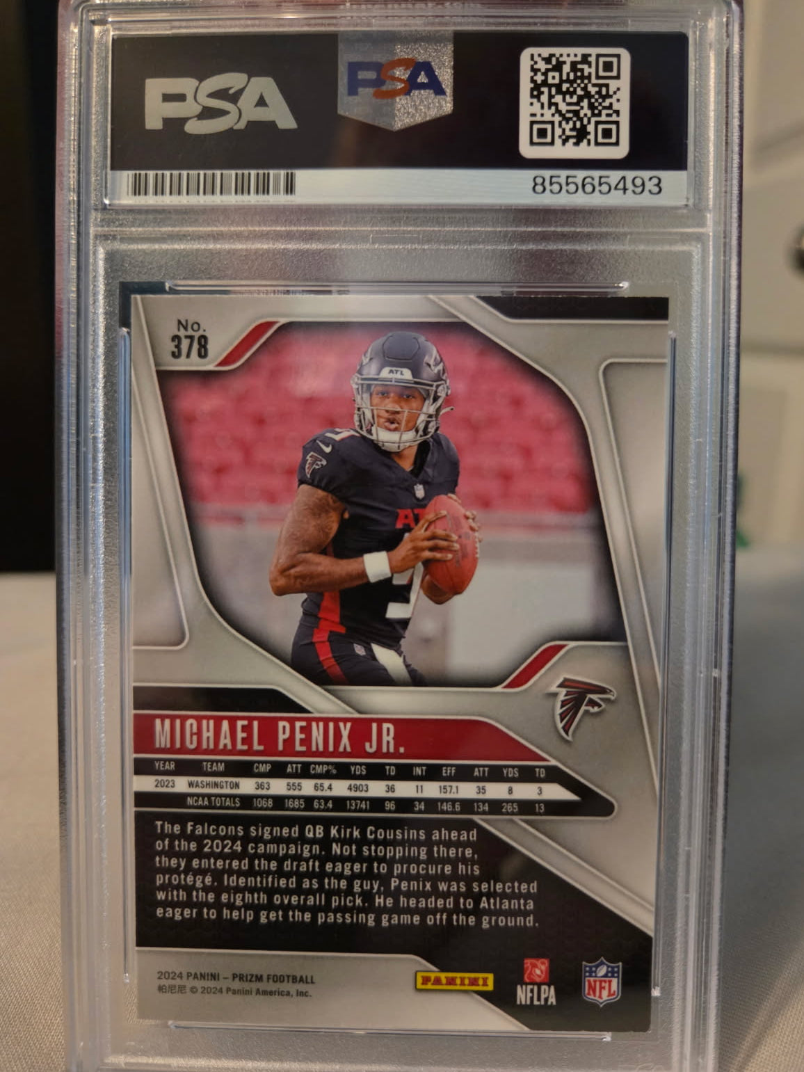 Michael Penix Jr Panini Prizm rookie card on-card autograph PSA/DNA Cert, PSA Gem Mint 10
